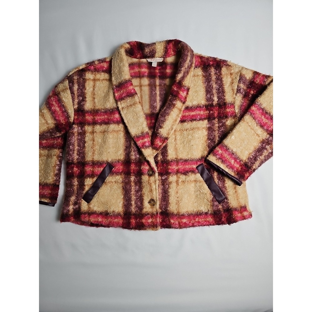 Knox Rose Jacket Beige Multicolor‎ Plaid Faux curly Fur Womens L